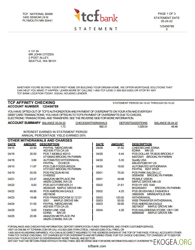 Modèle de relevé bancaire USA TCF Bank au format Word et PDF